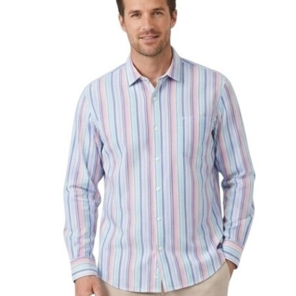 Tommy Bahama Button Front Shirt Men 3XLT Multi Color Stripe Coolmax Stretch Tall